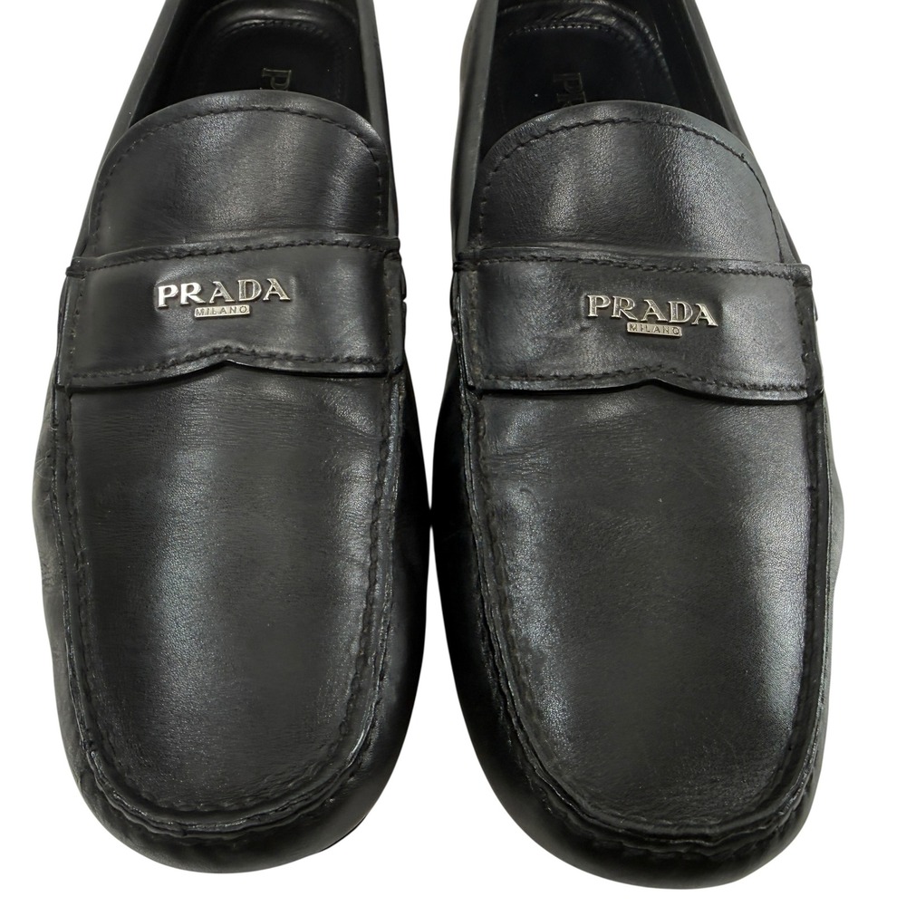 Prada Penny Loafers Driver Shoes Men's Size 8 Mens Black Leather Milano Logo - Picture 3 of 11